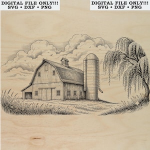 Könnte beinhalten: Eine digitale Datei mit einer schwarz-weißen Strichzeichnung einer Bauernhofszene mit Scheune, Silo und Weidenbaum unter Wolken. Der Text DIGITAL FILE ONLY!!! SVG • DXF • PNG ist oben auf dem Bild aufgedruckt.