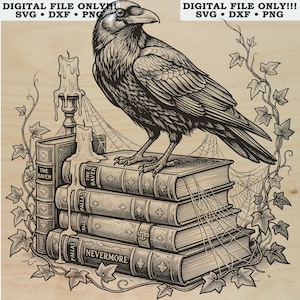 Edgar Allan Poe Raven lasergraveringsfil | Halloween Spooky SVG DXF PNG | Gotisk bok träsnittsfil för LightBurn Makers