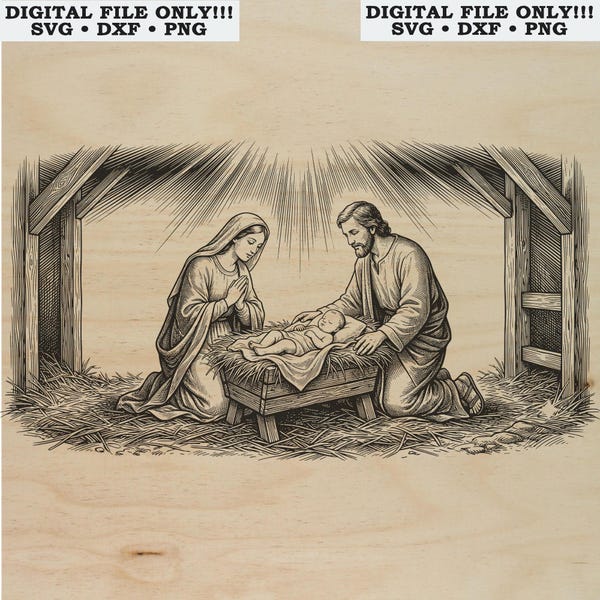 Holy Manger SVG, Digital File, Nativity Scene Vector, Religious Woodcut Engraving, Laser Cut Ready, DXF, PNG