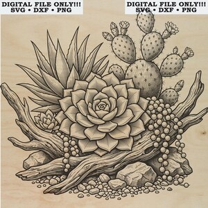 Southwestern Succulent and Cactus Garden Woodcut Laser Engraving Vector File | SVG DXF PNG