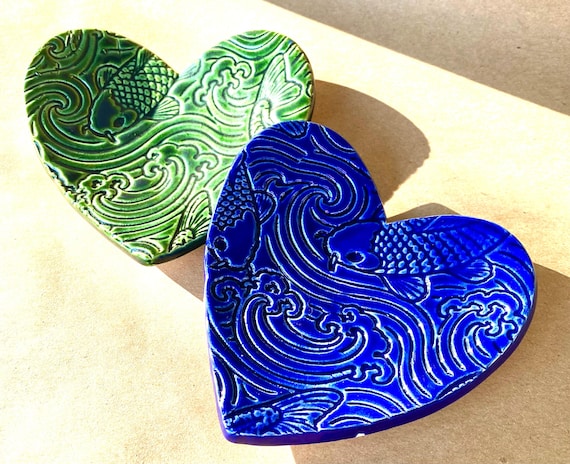 Japanese Koi Fish Heart Trinket Small Decorative Dish | Choose Cobalt Blue or Deep Green | Handmade Ceramic Jewelry Dish