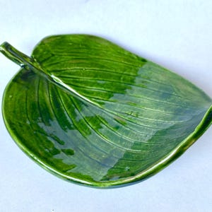 Puede incluir: Un plato de cerámica de color verde brillante con forma de hoja grande. La superficie presenta venas detalladas en relieve que irradian desde un tallo central que se extiende ligeramente más allá del borde del cuenco, creando un aspecto botánico realista.