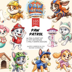 Puede incluir: Una colección digital de ilustraciones de personajes de Paw Patrol que incluye a Rubble, Zuma, Marshall, Everest, Rocky, Chase y Skye, junto a una torre de vigilancia, una caseta y un hueso, con el texto Paw Patrol Ready For Action 105 PNG.