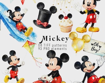 Mickey Mouse Watercolor Clipart Bundle | Baby Shower, Birthday Party Graphics (Digital Download)