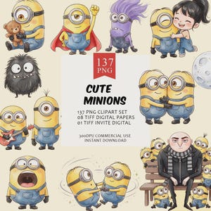 Puede incluir: Una colección digital de 137 imágenes prediseñadas PNG con minions amarillos en overoles azules, un minion morado, una criatura negra peluda y un personaje con chaqueta negra. El texto dice 137 PNG CUTE MINIONS 137 PNG CLIPART SET 08 TIFF DIGITAL PAPERS 01 TIFF INVITE DIGITAL 300DPI COMMERCIAL USE INSTANT DOWNLOAD.