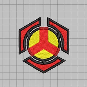 May include: An embroidered patch featuring a central circular design divided into three yellow segments by a red Y-shaped emblem. The circle is surrounded by three red, black-bordered geometric shapes arranged in a triangular formation.