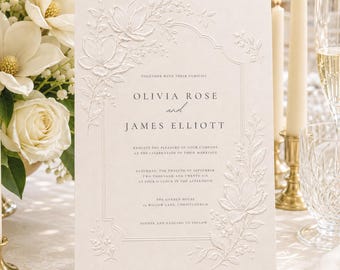 Embossed Effect Floral Wedding Invitation, Elegant Botanical Template (Digital Download)