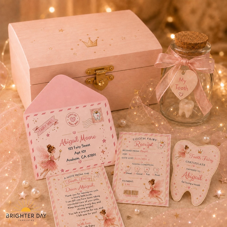 May include: A light pink wooden keepsake box with a gold latch, a glass jar with a cork lid containing a tooth and a pink ribbon tag labeled My Tooth, a pink envelope addressed to Abigail Moore, a Tooth Fairy receipt, and a tooth-shaped certificate.