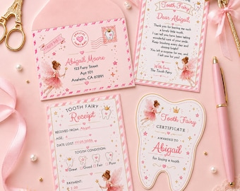 Juego de cartas, certificados y recibos del Hada de los Dientes en color rosa (plantillas imprimibles editables)