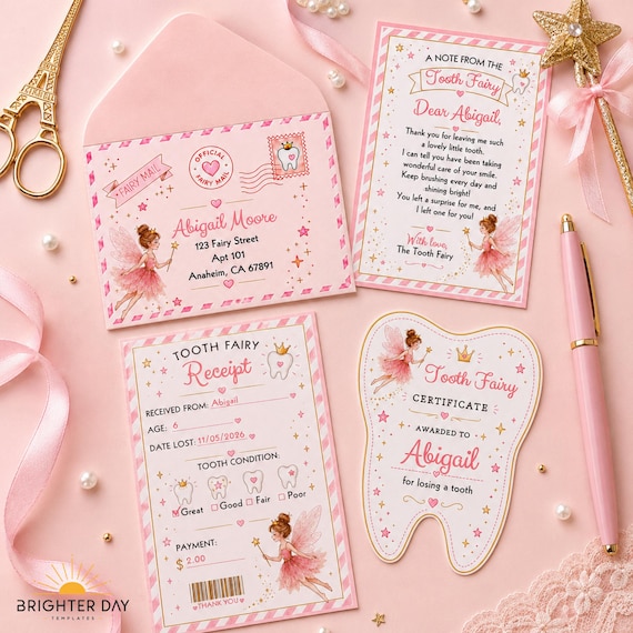 Pink Tooth Fairy Letter Set, Certificate, Receipt, Editable (Printable Templates)