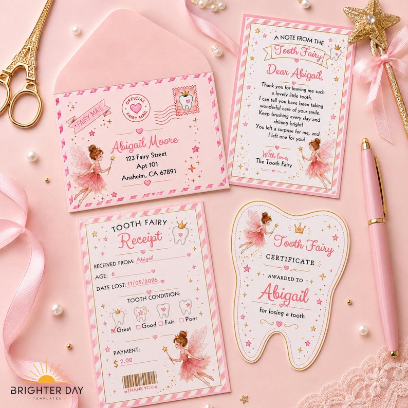 May include: A pink Tooth Fairy stationery set including an envelope addressed to Abigail Moore, a letter, a receipt, and a tooth-shaped certificate. The items feature fairy illustrations, gold stars, and text. A gold pen and scissors are included.
