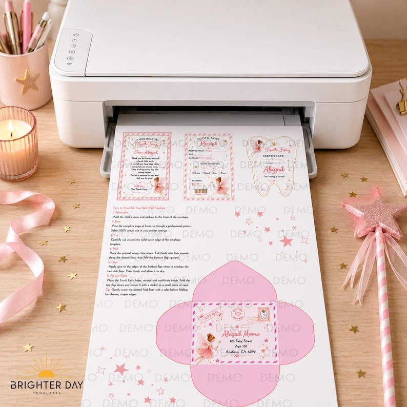 May include: A white printer outputting a sheet of paper with a pink Tooth Fairy themed stationery set. The sheet includes a letter, a receipt, a tooth-shaped certificate, and an envelope template, all decorated with stars and fairy illustrations.