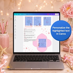 May include: A laptop screen displaying a digital template for a Tooth Fairy kit, featuring a letter, receipt, certificate, and envelope design. The screen shows instructions and a blue circular overlay with the text Personalize the highlighted text in Canva.