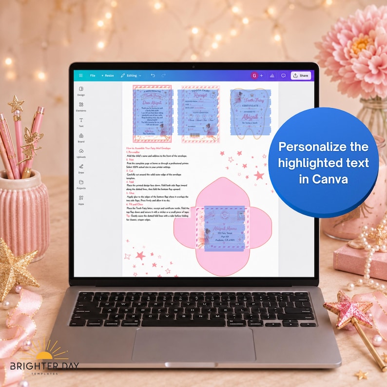 May include: A laptop screen displaying a digital template for a Tooth Fairy kit, featuring a letter, receipt, certificate, and envelope design. The screen shows instructions and a blue circular overlay with the text Personalize the highlighted text in Canva.