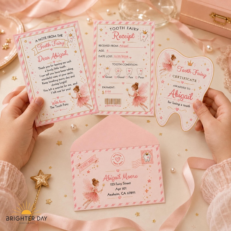 May include: A set of pink and white Tooth Fairy stationery including a note, a receipt, a tooth-shaped certificate, and an envelope. The items feature illustrations of a fairy, stars, and text addressed to Abigail, with details like tooth condition and payment.