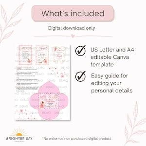 May include: A digital download template set featuring a pink tooth fairy letter, receipt, certificate, and envelope design. The set includes instructions for editing in Canva, with text stating What's included, Digital download only, US Letter and A4 editable Canva template, and Easy guide for editing your personal details.