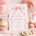 Editable Pink Coquette Bow Invite, Ribbon Birthday Invitation, Light Pink, Canva Template product logo