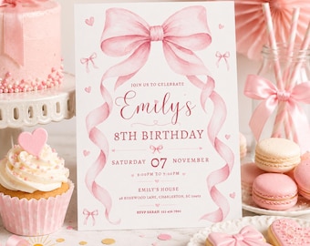 Editable Pink Coquette Bow Invite, Ribbon Birthday Invitation, Light Pink, Canva Template