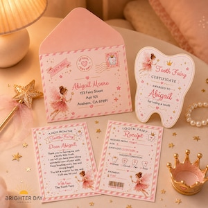 May include: A pink Tooth Fairy stationery set including an envelope addressed to Abigail Moore, a tooth-shaped certificate, a note from the Tooth Fairy, and a receipt. The items feature illustrations of a fairy, stars, and crowns in pink and gold.