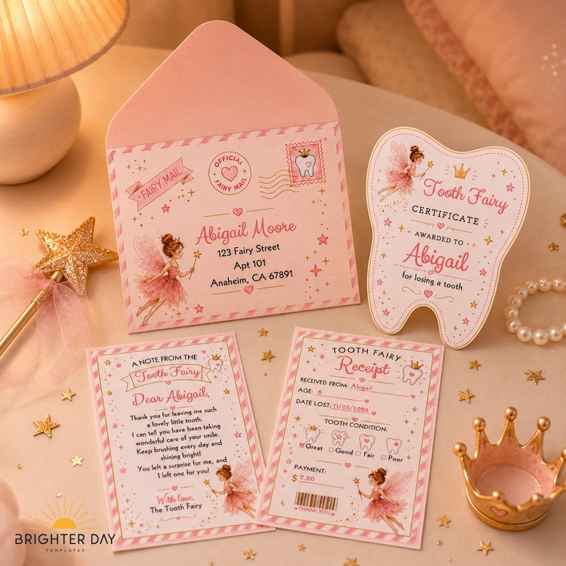 May include: A pink Tooth Fairy stationery set including an envelope addressed to Abigail Moore, a tooth-shaped certificate, a note from the Tooth Fairy, and a receipt. The items feature illustrations of a fairy, stars, and crowns in pink and gold.