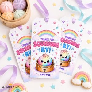 May include: Three white rectangular gift tags featuring a colorful rainbow, clouds, and a cute dumpling character in a bamboo steamer. The text reads THANKS FOR SQUISHING BY! and FROM SOPHIE. Each tag has a purple or light blue ribbon attached at the top.