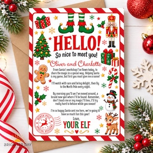 May include: A rectangular Christmas-themed letter with a red and white striped border. It features illustrations of a nutcracker, gingerbread man, snowman, reindeer, gifts, and a tree. The text reads Hello, So nice to meet you, Oliver and Charlotte, and a poem about an elf.