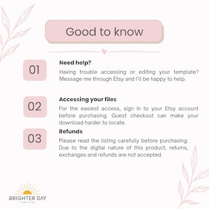 May include: An informational graphic with a light pink header reading Good to know. It lists three points: 01 Need help? regarding template editing, 02 Accessing your files about Etsy account sign-in, and 03 Refunds regarding digital product policies.