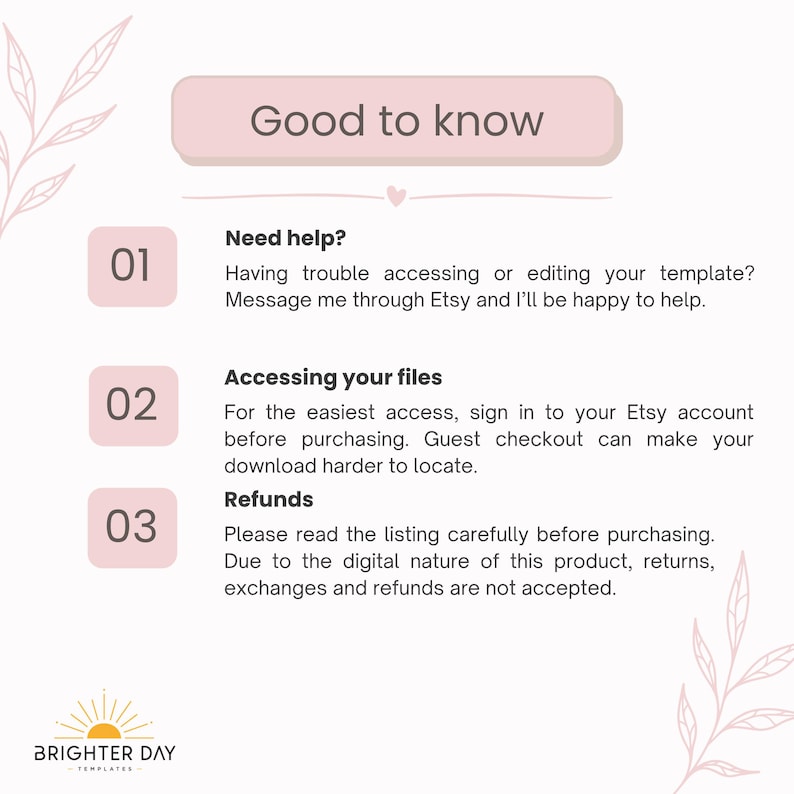 May include: An informational graphic with a light pink header reading Good to know. It lists three points: 01 Need help? regarding template editing, 02 Accessing your files about Etsy account sign-in, and 03 Refunds regarding digital product policies.