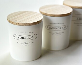 Tobacco Natural Coconut Wax Candle | Slow Burn, Non-Toxic, Sustainable, | Tobacco Vanilla Minimalist Candle | Hand poured in White Glass Jar
