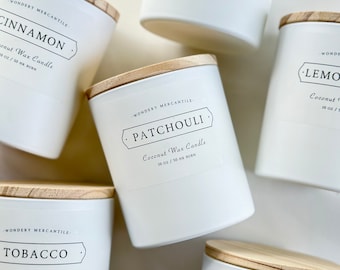 Patchouli Luxury Coconut Wax Candle | Slow Burning, Non-Toxic, Sustainable | White Scented Jar Candle | Minimalist Design | 10 oz