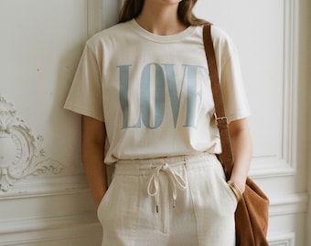 LOVE block lettering T-Shirt | bold typography, pastel blue text | 80's 90's Nostalgia Tee | Pastel Blue & Brown Color Block Everyday Wear
