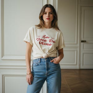 Camiseta con la frase "La Joie De Vivre" / Camiseta con la frase en francés / Camiseta con letras rojas estilo chica francesa / Estilo retro parisino / Camiseta con estampado "Elige la alegría" imagen 4