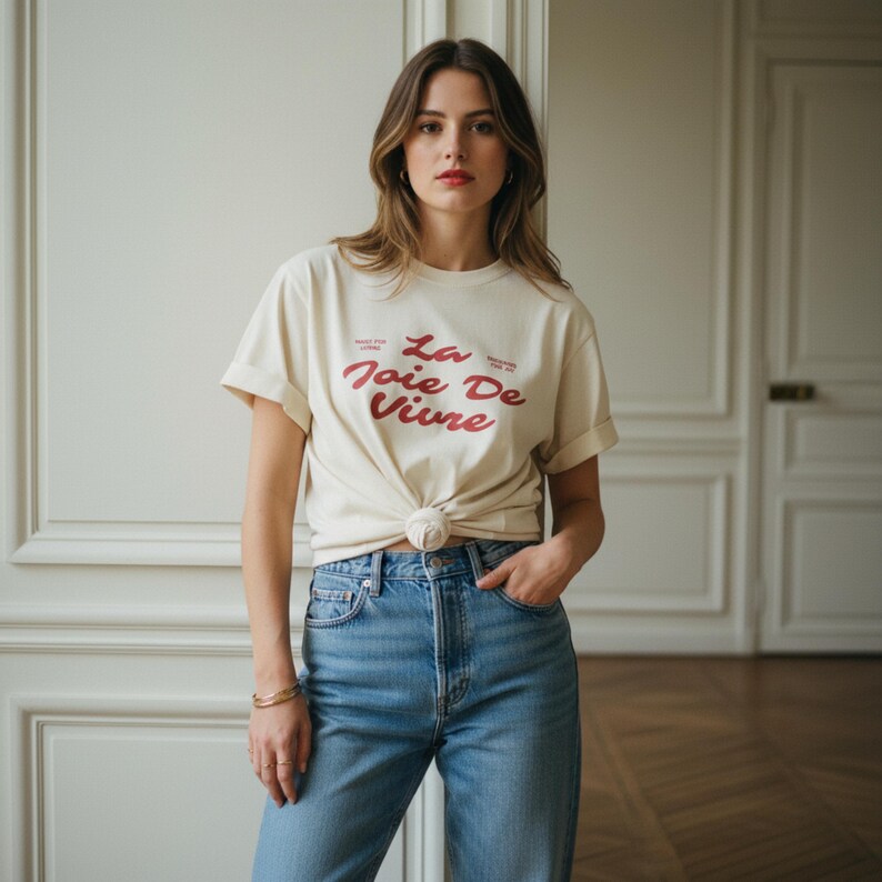 Camiseta con la frase "La Joie De Vivre" / Camiseta con la frase en francés / Camiseta con letras rojas estilo chica francesa / Estilo retro parisino / Camiseta con estampado "Elige la alegría" imagen 4