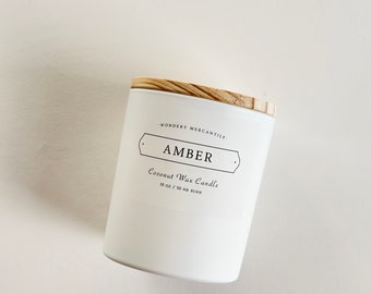 Amber Luxury Candle | Coconut Wax Candle | Slow Burning, Non-Toxic, Sustainable, Clean | Minimalist White Scented Jar Candle