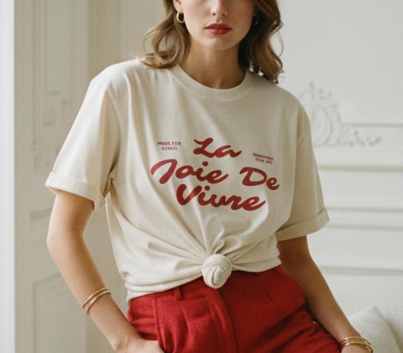 Camiseta con la frase "La Joie De Vivre" / Camiseta con la frase en francés / Camiseta con letras rojas estilo chica francesa / Estilo retro parisino / Camiseta con estampado "Elige la alegría" Ivory