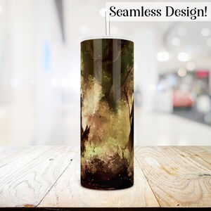 May include: A seamless design for a tumbler featuring a watercolor-style image of a forest scene with green, brown, and white colors.
