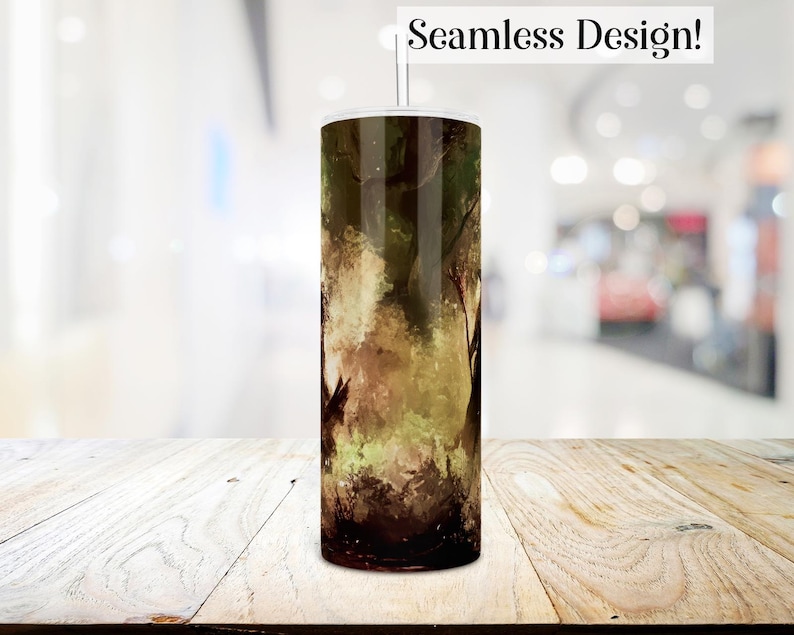 May include: A seamless design for a tumbler featuring a watercolor-style image of a forest scene with green, brown, and white colors.