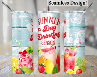 Summer Day Drinking Tumbler Wrap, SEAMLESS 20oz Funny Cocktails Cup Transfer PNG, Sarcastic Alcohol 20 oz Skinny Sublimation Design