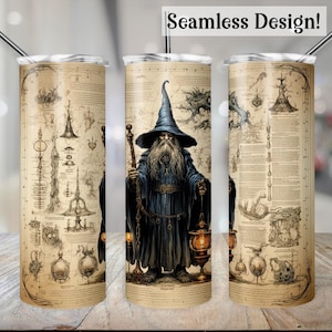 May include: A stainless steel tumbler with a seamless design featuring a wizard holding a lantern and a staff. The background is a vintage parchment with intricate illustrations and text.