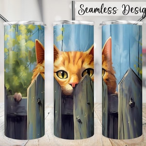 May include: A seamless design featuring a ginger cat peeking through a wooden fence. The cat's face is visible, with green eyes and a pink nose. The background is a blue sky with white clouds.