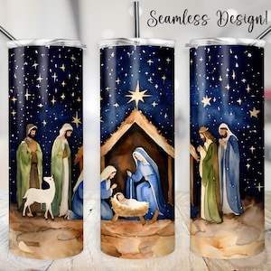 Nativity Scene Tumbler Wrap, SEAMLESS Christmas 20 oz Religious Sublimation Design, Christian Cup Transfer, Watercolor Manger Baby Jesus PNG