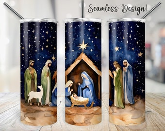 Nativity Scene Tumbler Wrap, SEAMLESS Christmas 20 oz Religious Sublimation Design, Christian Cup Transfer, Watercolor Manger Baby Jesus PNG