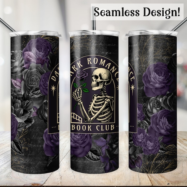 Dark Romance Tumbler Wrap, SEAMLESS 20oz Book Club Cup Transfer, Bookish Floral PNG, Black & Purple Roses 20 oz Skinny Sublimation Design