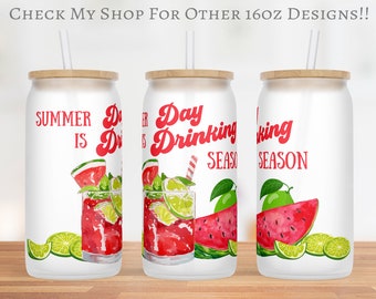 Summer Day Drinking 16 Oz Libbey Wrap, Watermelon Alcohol Glass