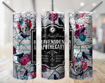 Halloween Tumbler Wrap Gothic Raven Apothecary Label Cup Transfer, Goth Skulls & Flowers PNG 20 oz Skinny Sublimation  Raven Digital Design