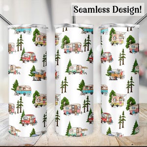 Camping Tumbler Wrap, SEAMLESS 20oz Camper Cup Transfer, Camp Trailers PNG, Outdoor 20 oz Sublimation Design, Recreation in Nature PNG