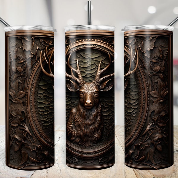 3D Deer Hunting Tumbler Wrap Bronze Stag PNG SEAMLESS 12 Point Buck Trophy Hunter Cup Wrap Fathers Day 20 oz Sublimation Design