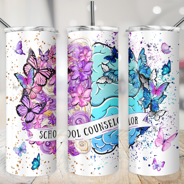 School Counselor Tumbler Wrap Teacher Gift PNG Guidance Counselor End of School Tumbler 20 oz Sublimation Butterfly PNG Skinny Wrap