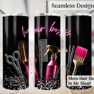 May include: A black and silver tumbler with a pink neon design that says "hair boss". The tumbler is decorated with hairdressing tools, including scissors, a comb, a brush, and a spray bottle. The tumbler is seamless and has a glitter finish.