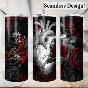 Gothic Heart Tumbler Wrap, SEAMLESS 20oz Anatomical Heart Cup Transfer, Dark Romance 20 oz Skinny Sublimation File, Goth Love PNG